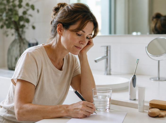 Notitieboek, waterglas en medicijnverpakking voor een observatieoverzicht