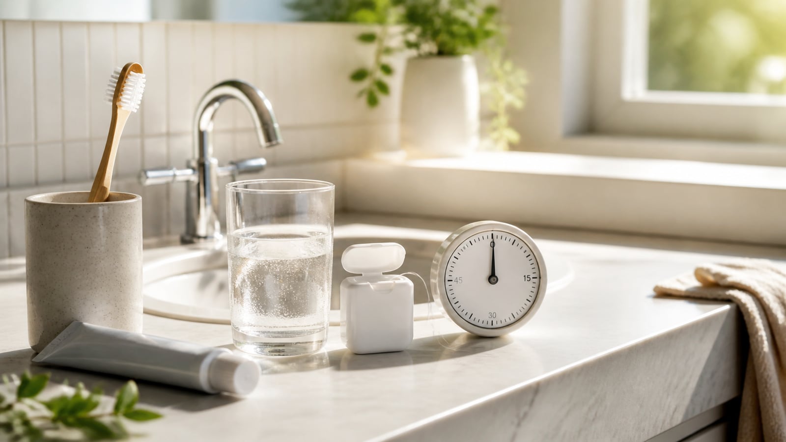 Tandenborstel, floss en timer klaar voor een rustige mondzorgroutine